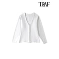 thumbnail image 2 of TRAF-suéter tipo cárdigan de punto ajustado con gancho frontal para mujer, cuello en V, mangas largas, dobladillo dividido lateral, ropa de abrigo femenina, Tops elegantes, moda, 2 of 5