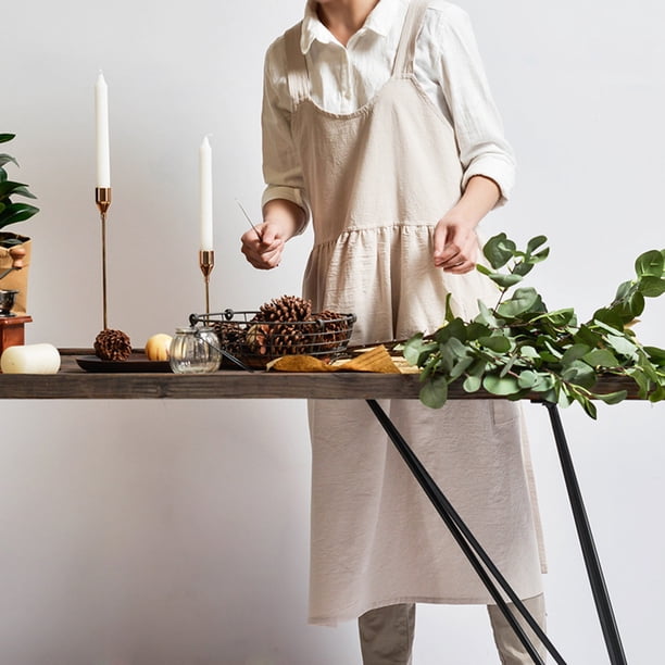 Delantal de cocina para mujer con 2 bolsillos delanteros delantal de lino y algodón cafeterías floristerías delantales de limpieza de trabajo Jadeshay A