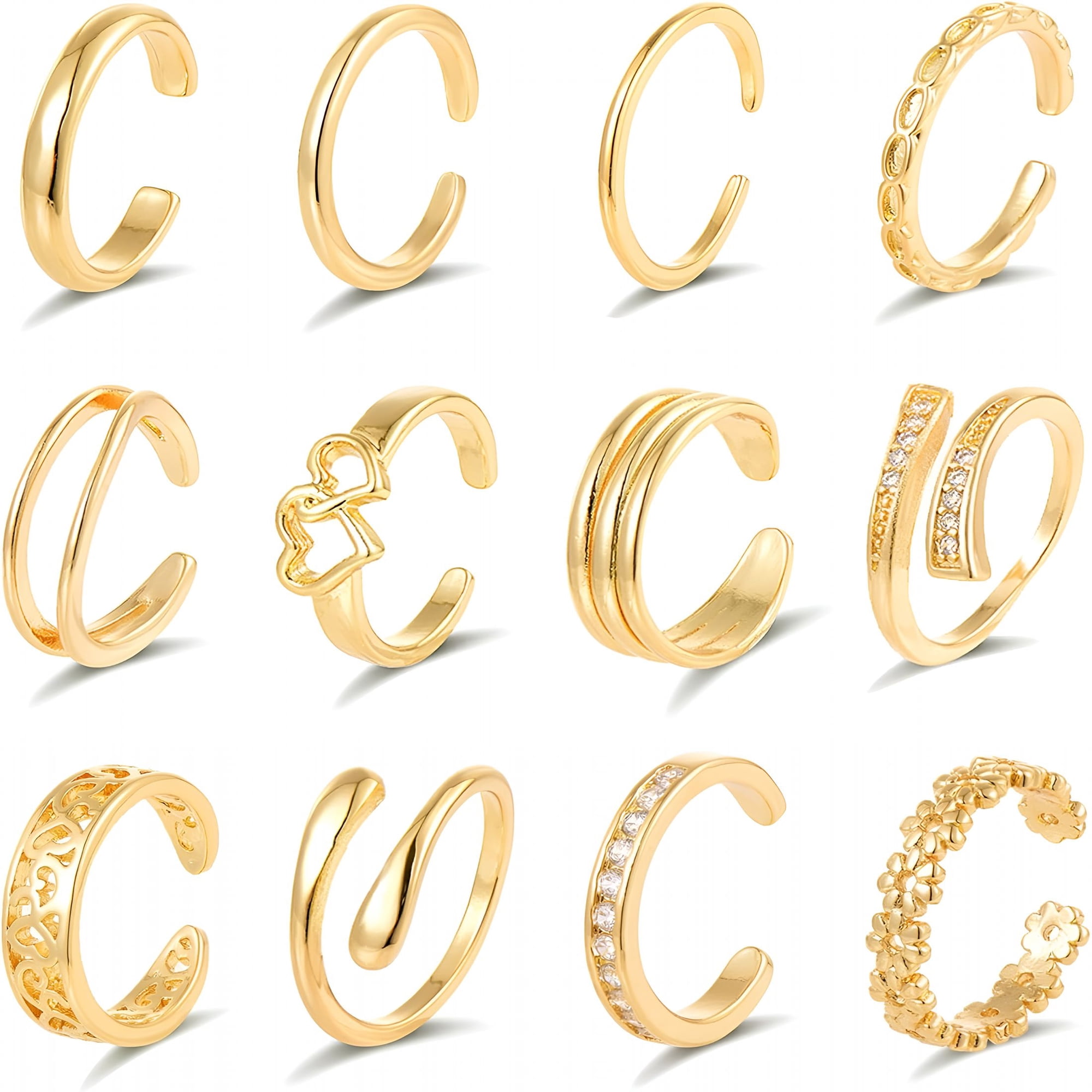 DESIGNICE 12Pcs Gold Filled Toe Rings for Women Simple Open Band Toe Ring Summer Beach Daisy Flower Snake Love Knot Thin Foot Jewelry Set Gold Silver Tone Adjustable