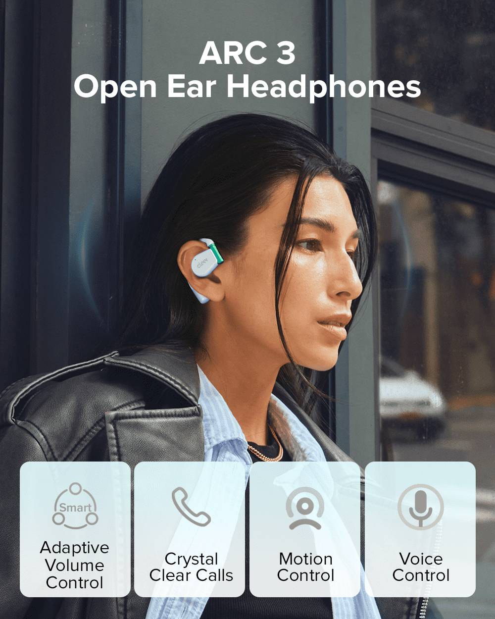 Cleer ARC3 Open Ear True Wireless Earbuds, IPX7 Waterproof, Noise-Reduction Mics, 50-Hour Battery, Blue