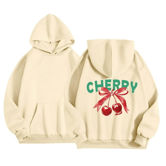 SonxaHe Toddler Girls' Hooded Sweatshirts Long Sleeve Cherry Prints Oversized Soft Comfy Pullover Hoodie Beige,Sized 2-3