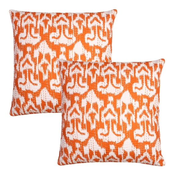 Stylo Culture Ethnic Decorative Throw Pillow Covers 16x16 Kantha Orange Printed 40x40 cm Living Room Decor Cotton Ikat Square Cushion Covers | Set Of 2