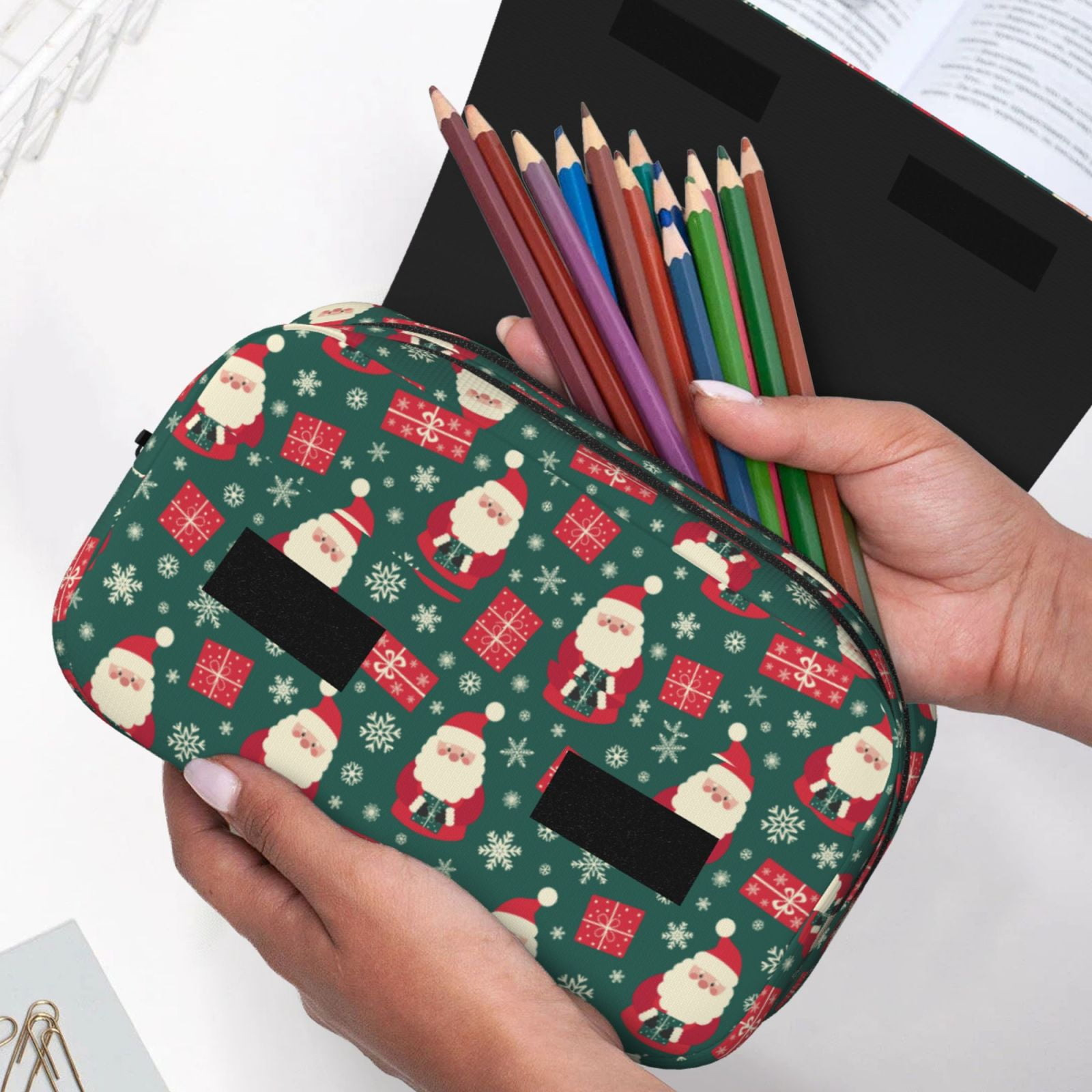 Rateoe Santa Claus Pattern Double Clamshell Pen Case, Storage Organizer with Two Zipper Compartments– Holds Up to 50 Pencils & Pens