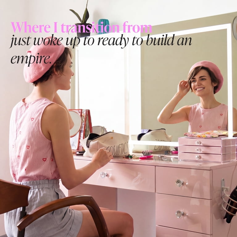 amelia dressing table pink Boahaus Amelia Vanity Desk with Mirror and Lights 11 Drawer Makeup Vanity Table with Storage, Power Outlet and Speakers