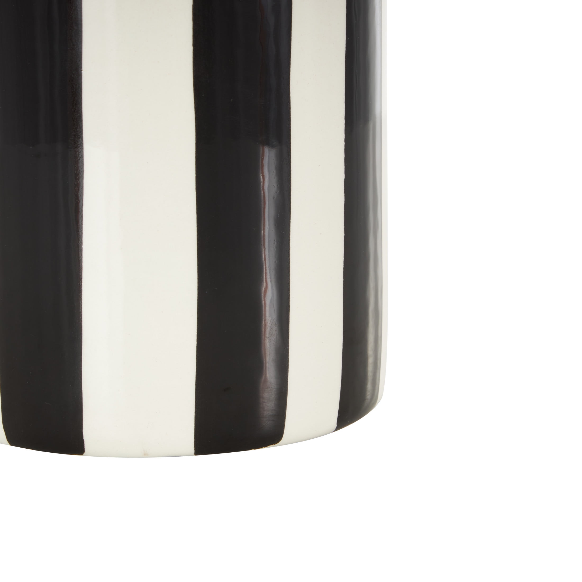 DecMode 11" Round Black Ceramic Vase with White Vertical Stripes