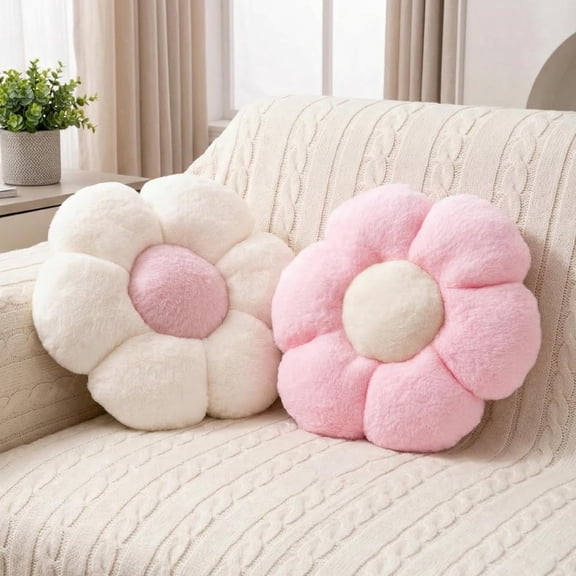 LQSEO 2 Pcs Pink White Throw Pillows Cute Flower Pillow Daisy Flower Shaped Floor Cushions Set,Preppy Decorative Throw Pillows for Girls Bed Bedroom Couch Decor (White&Pink,15")