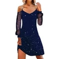thumbnail image 3 of HAIJIE Women’s Glitter Cold Shoulder Dress, Sheer Mesh Long Sleeves, Chain Straps, V-Neck, Assorted Solid Colors (Blue,S), 3 of 6