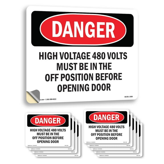 High Voltage 480 Volts Must Be In The Off OSHA Danger Vinyl Decal Label 14 Inch x 10 Inch - 10 Pack