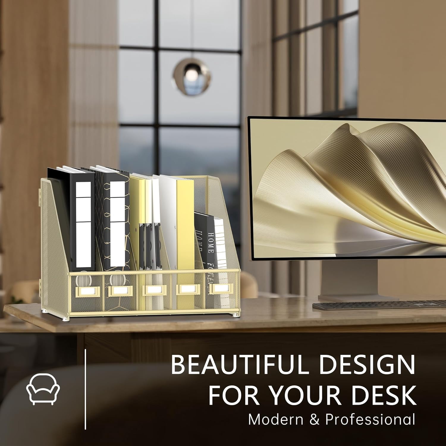 INTIGE Desk Organizer with 5 Vertical Compartments, Metal Desk File Organizer, Desk File Organizer, Increase Storage Space, Plus