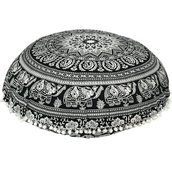 Stylo Culture Ethnic Round Throw Pillow Covers For Couch Mandala Floor Cushion Printed Floor Cushion Cover Black 32 x 32 Big Decorative Bohemian Pom Pom Lace Cotton Elephant 1 Pc
