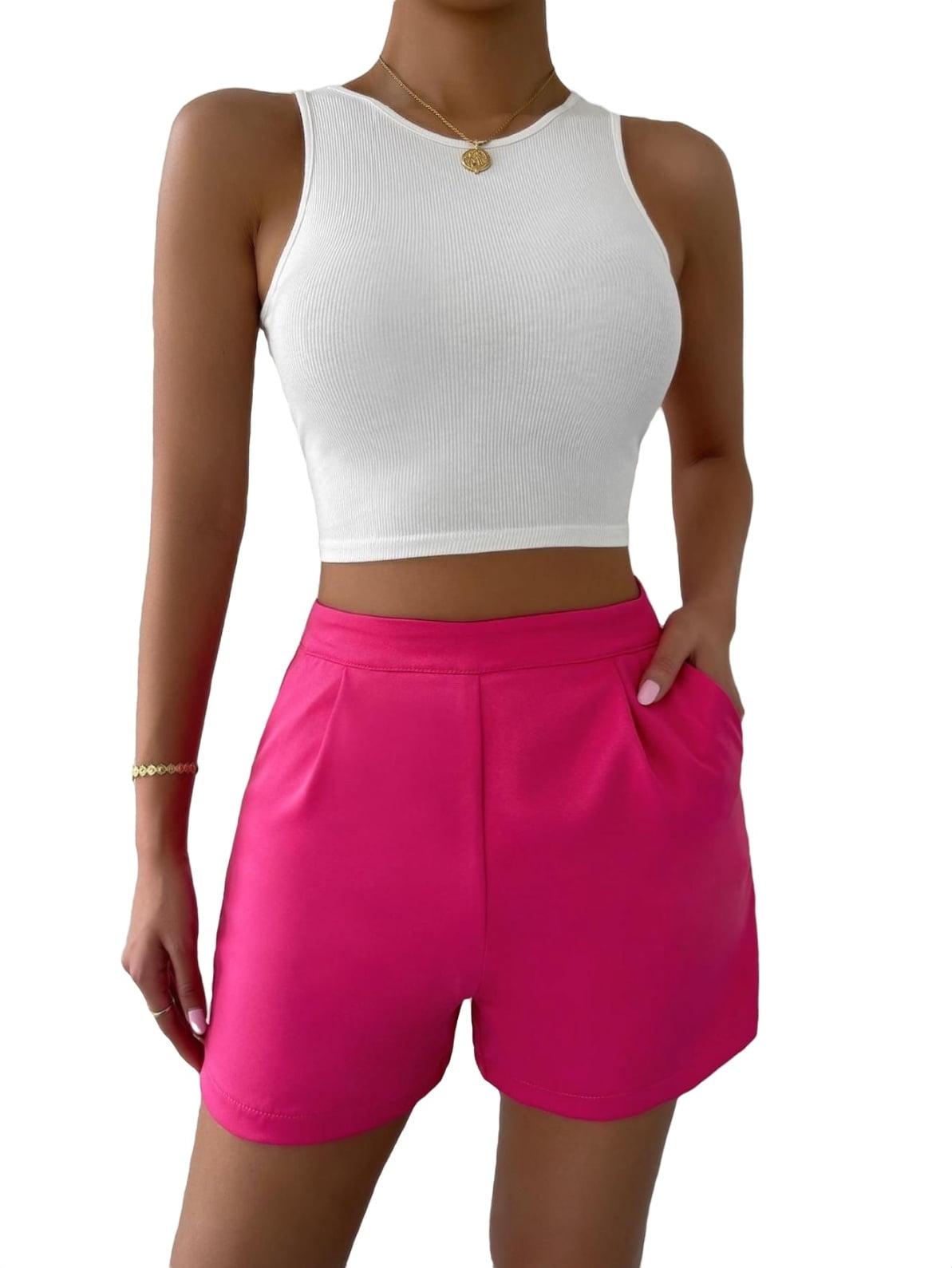 Womens Straight Leg Shorts Casual Zipper Fly High Waist Hot Pink L