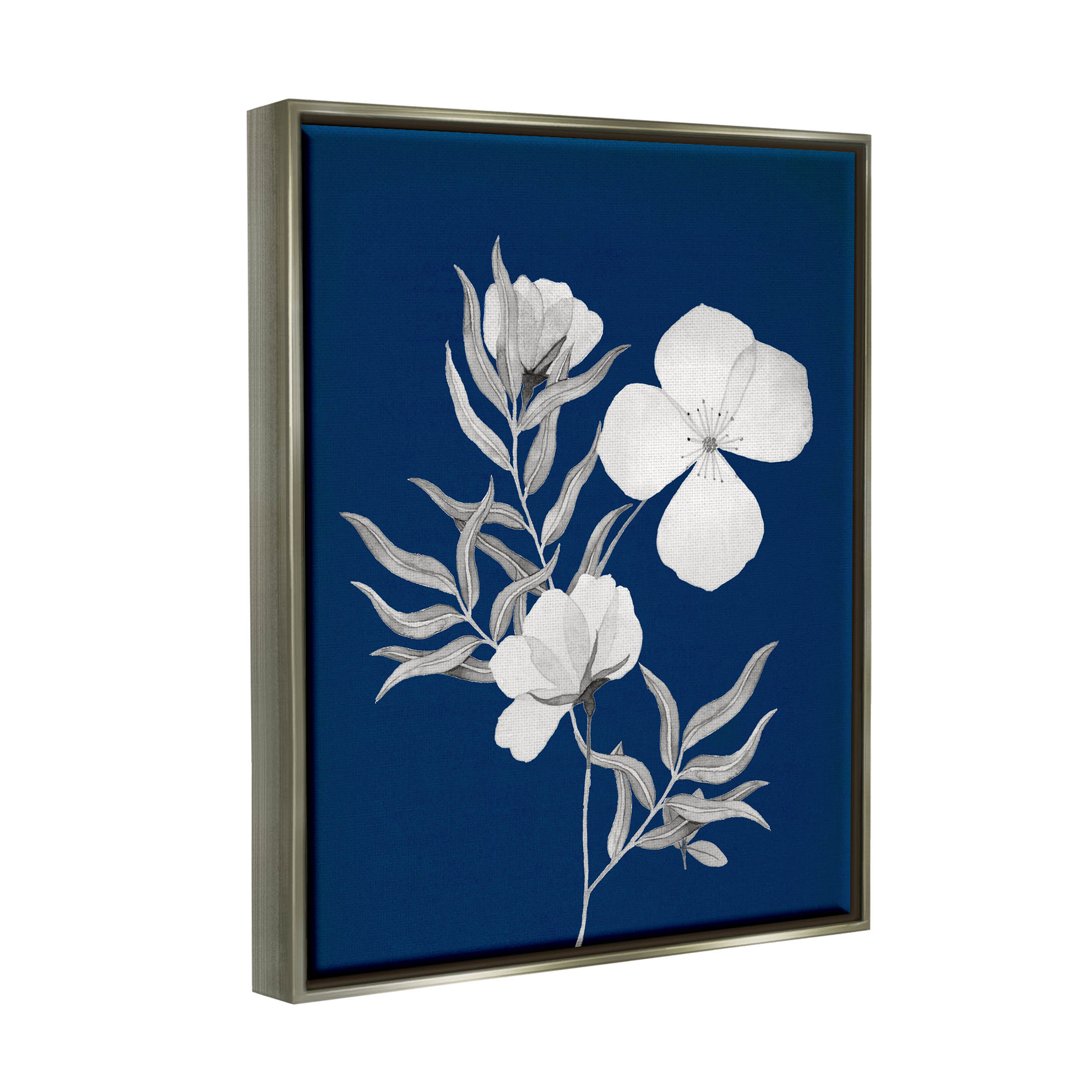 Stupell Industries Bold Floral Sprig Leaves Graphic Art Luster Gray Floating Framed Canvas Print Wall Art, Design by Kourtni Gunn