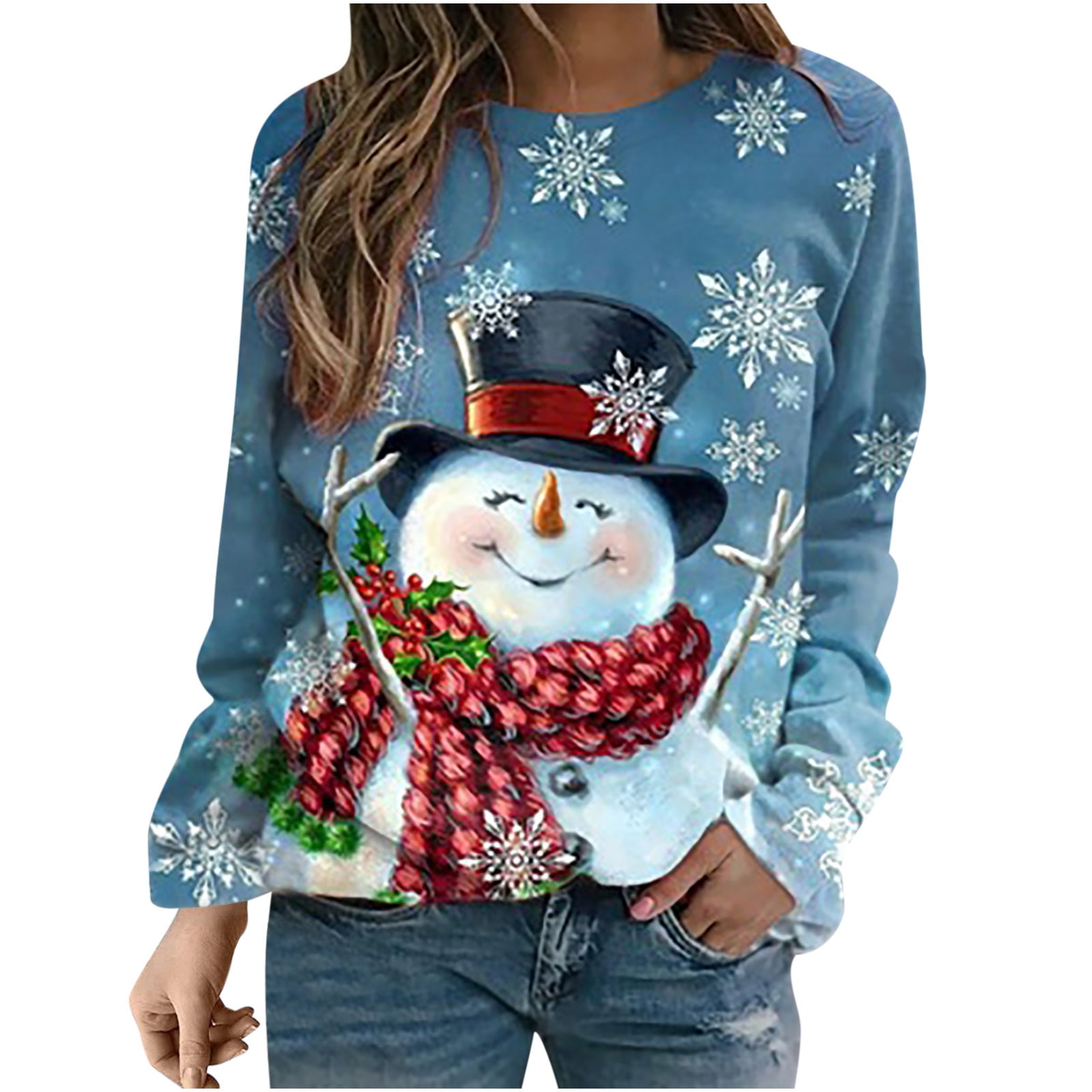 Women Ugly Christmas Tree Reindeer Sweater Pullover Casual Long Sleeve Loose Fit Shirts Sweaters Tops