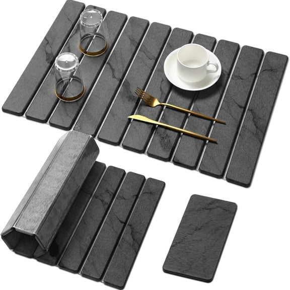 2 PCS Large Stone Dish Drying Mat for Kitchen Counter,Quick Dry Stone Dishes Mats,Marbled Water Absorbing Diatomaceous Earth Drying Pad for Countertop Bottles Utensils Cups(Dark Gray 24"×16" & 8"x4")