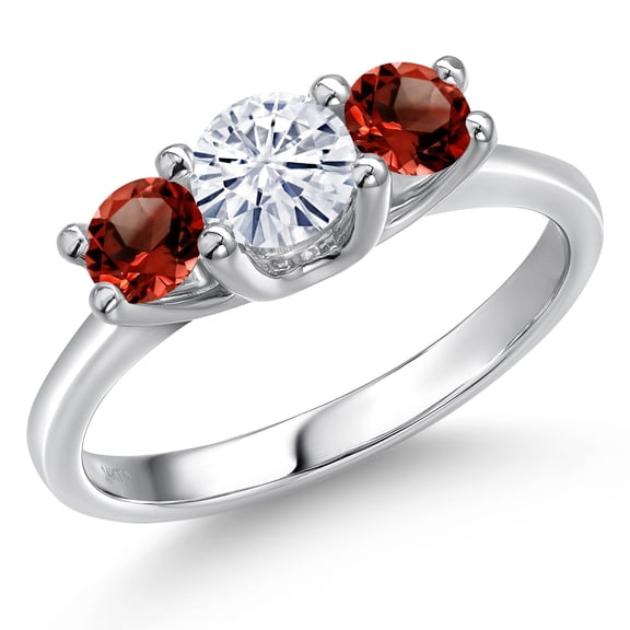 Gem Stone King 14K White Gold White Moissanite & Red Garnet 3-Stone Engagement Ring | 1.24 Cttw | Round 5MM and 4MM | Three Stone Wedding Anniversary Promise Ring for Women (Size 6)