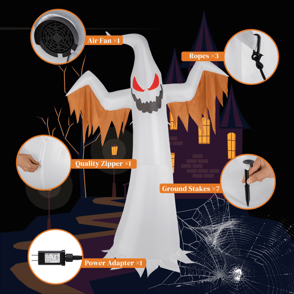 Alvantor 11.8 ft Giant Ghost Halloween Inflatable with 4 Built-in Lights and Flashing Red Eyes, White