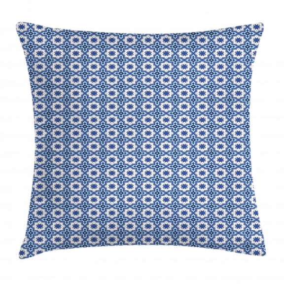 Navy Blue Throw Pillow Cushion Cover, Moroccan Traditional Tile Motifs with Floral Elements in Blue, Decorative Square Accent Pillow Case, 16 X 16 Inches, Violet Blue Pale Blue White, by Ambesonne