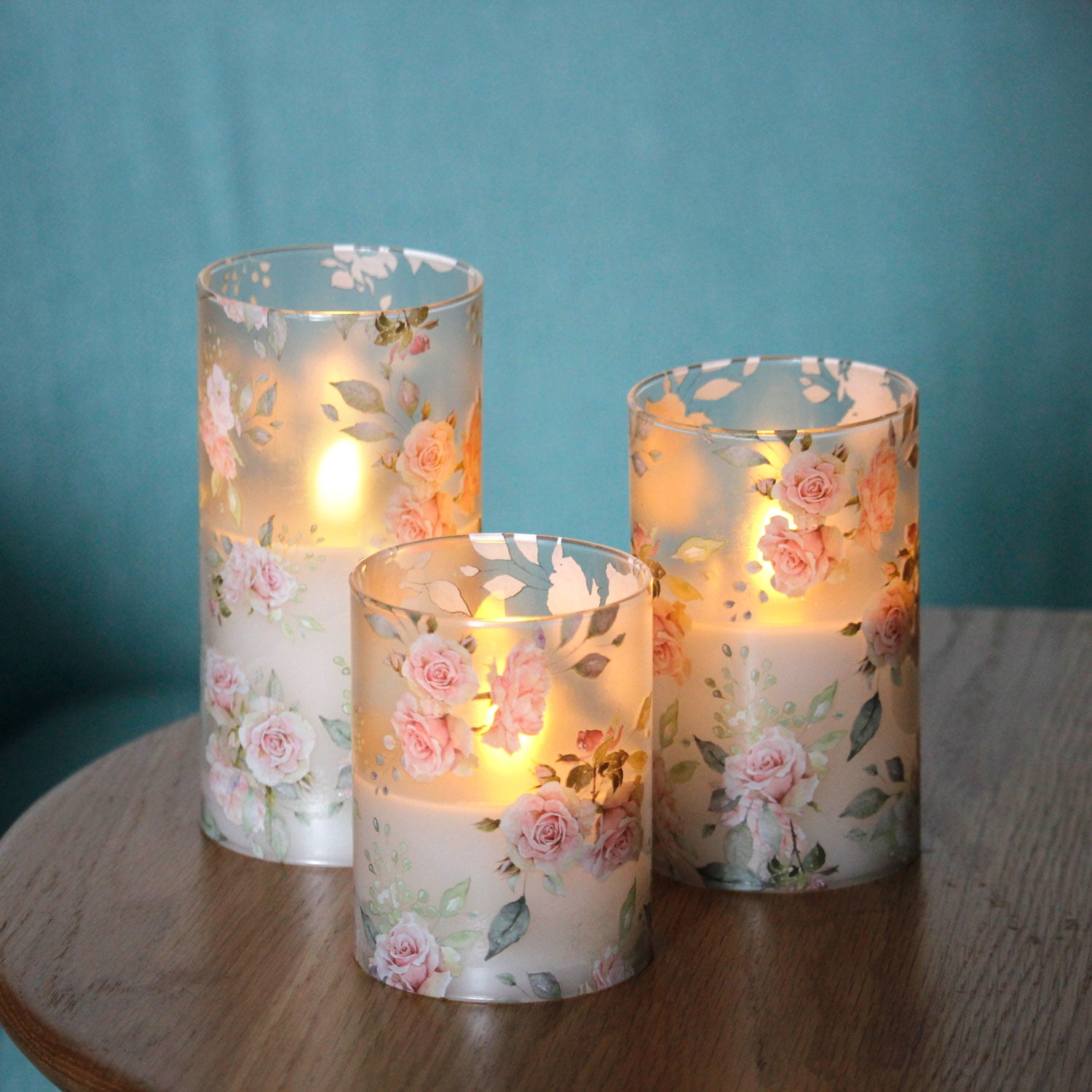 Meltone Rose LED Flameless Candles Battery Operated, Real Wax Glass LED Pillar with Remote Control, 3pcs Candle Set 3''x4''/5''/6''