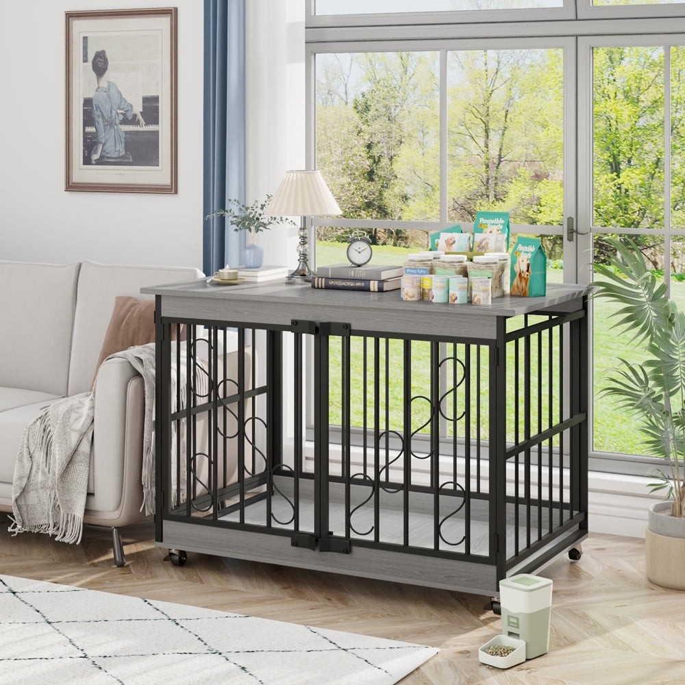 48" Heavy Duty Dog Crate Furniture, Double Door Dog Kennel with 360° Wheels, Decorative Indoor Pet House Table for XL Dogs, Gray