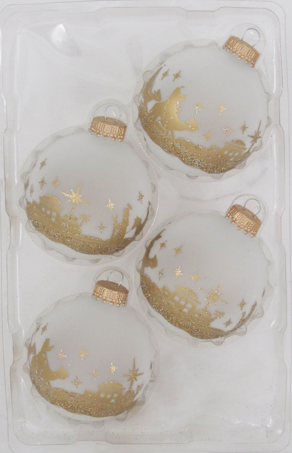 Holiday Time White/Gold Decorated Round 2 5/8" Glass Christmas Ornament with Nativity Scene 4 Count