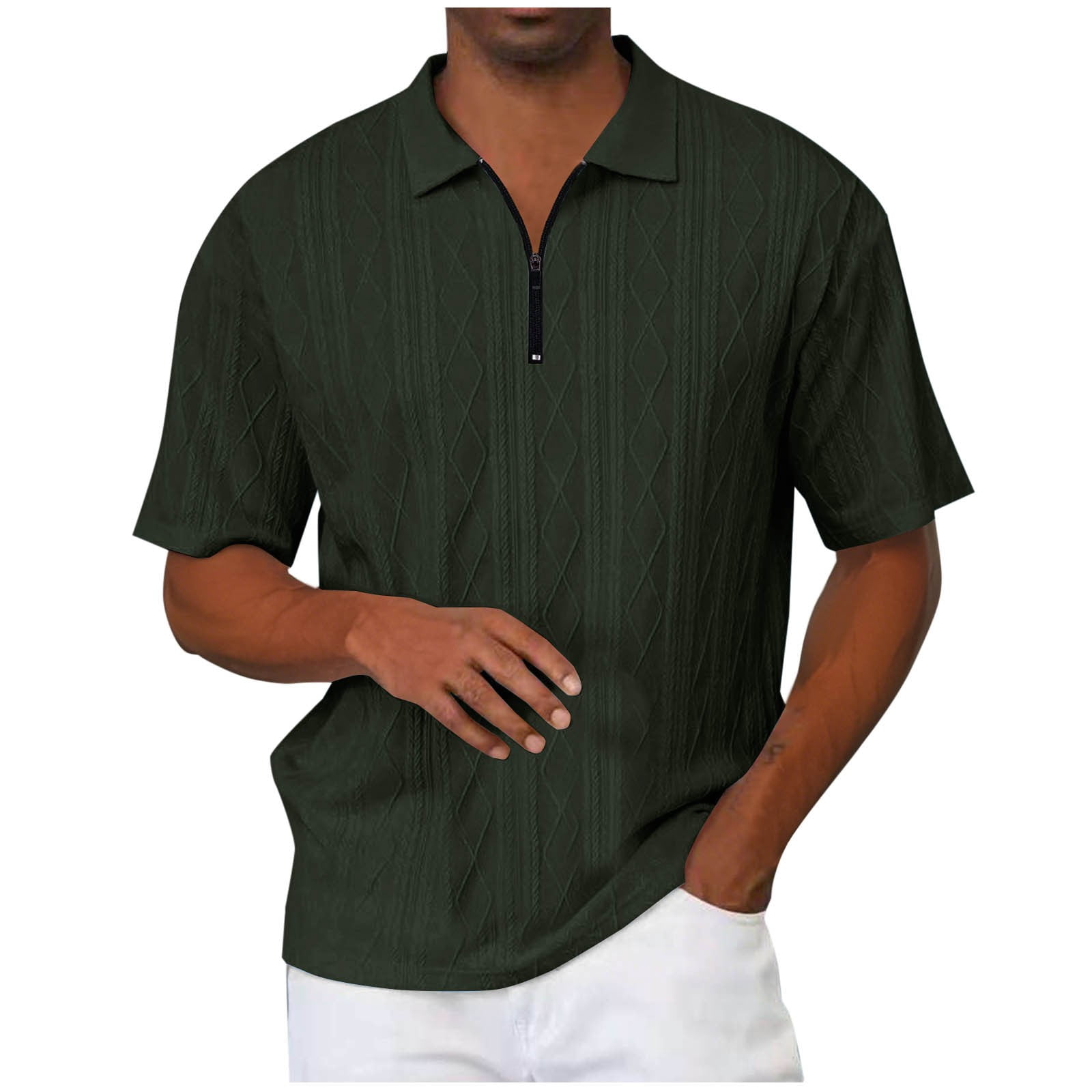 YHAJDS Men Zip Polo Shirt Solid Color Loose Fit Breathable Short