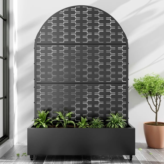MAYEERTY 72x47 Black Arched Iron Planter Box with Trellis, 3 Piece Set Decorative Garden Screen for Patio and Balcony