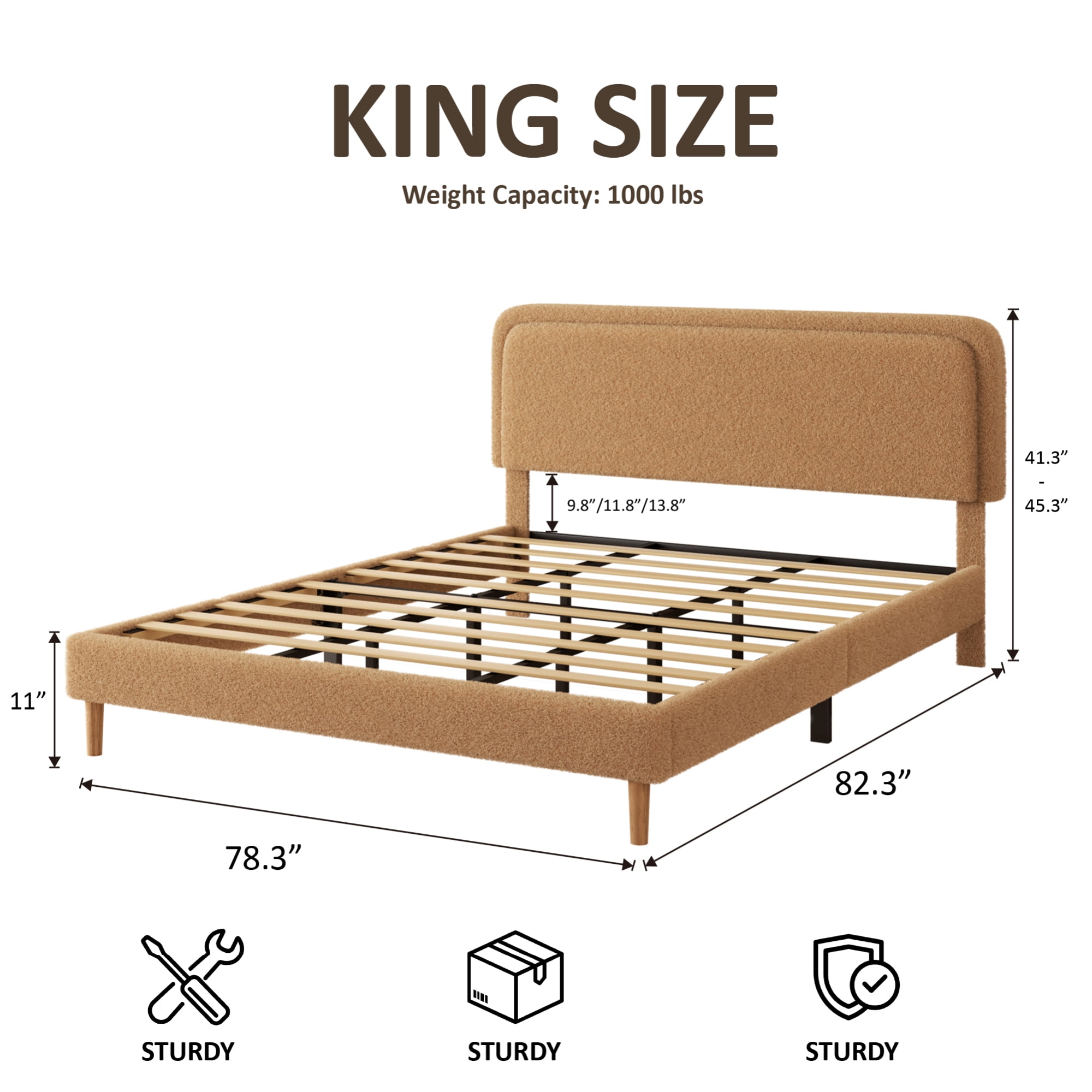 Leumius King Bed Frame,Upholstered Platform Bed Frame with Height-Adjustable Headboard,Sturdy Frame,Quiet Design,Easy to Assemble,Brown