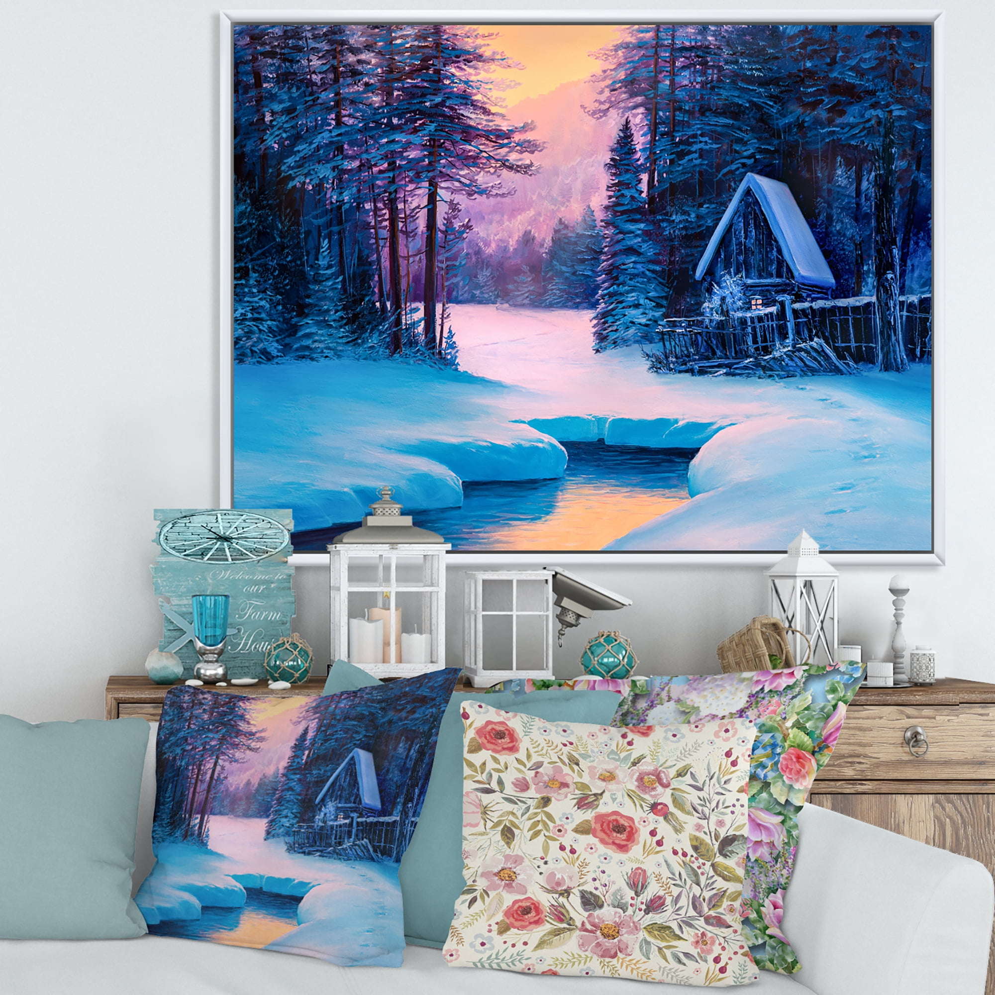 Designart 'The River House In The Woods and Winter Landscape II' Lake House Framed Canvas Wall Art Print