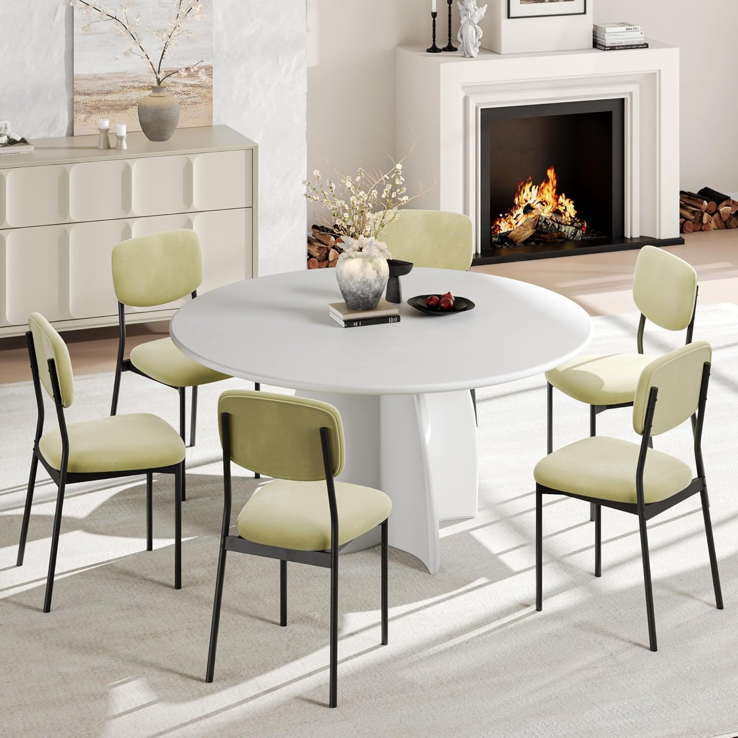 Upholstered Dining Chairs Set of 6, Stackable Modern Dining Room Chairs, Kitchen Chairs w/Soft Velvet Backrest & Sturdy Metal Legs ,Light Green
