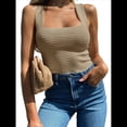 thumbnail image 2 of Camisetas Sin Mangas Acanaladas para Mujer, Verano 2025, Cuello Cuadrado, Informales, Ajustadas, de Punto. Caqui XL, 2 of 7