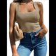 thumbnail image 2 of Camisetas Sin Mangas Acanaladas para Mujer, Verano 2025, Cuello Cuadrado, Informales, Ajustadas, de Punto. Caqui L, 2 of 7
