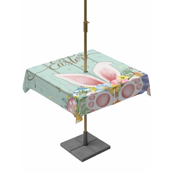 Outdoor Tablecloth with Umbrella Hole and Zipper, Easter Square Table Cloth 54x54 Inch Waterproof Tablecloth, Spring Rabbit Ear Eggs Floral Green Wooden Grain Picnic Table Cover for Patio Camping