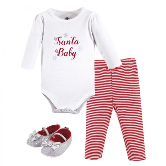 Little Treasure Baby Girl Cotton Bodysuit, Pant and Shoe 3pc Set, Santa Baby, 0-3 Months