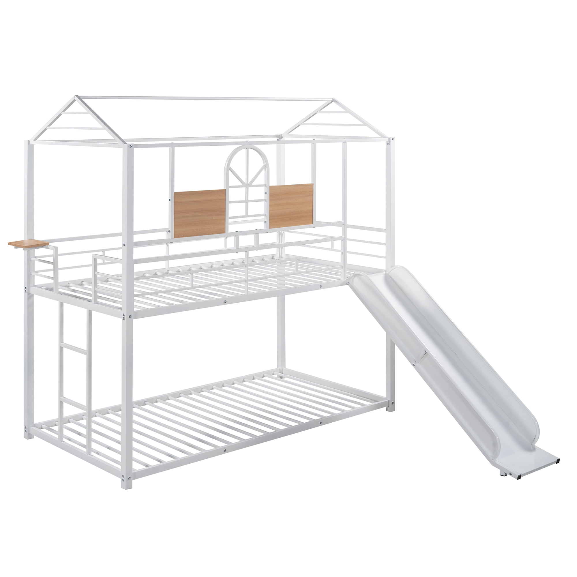 Aukfa Twin over Twin Bunk Bed with Slide, Metal House Bunk Bed for Kids Teens - White