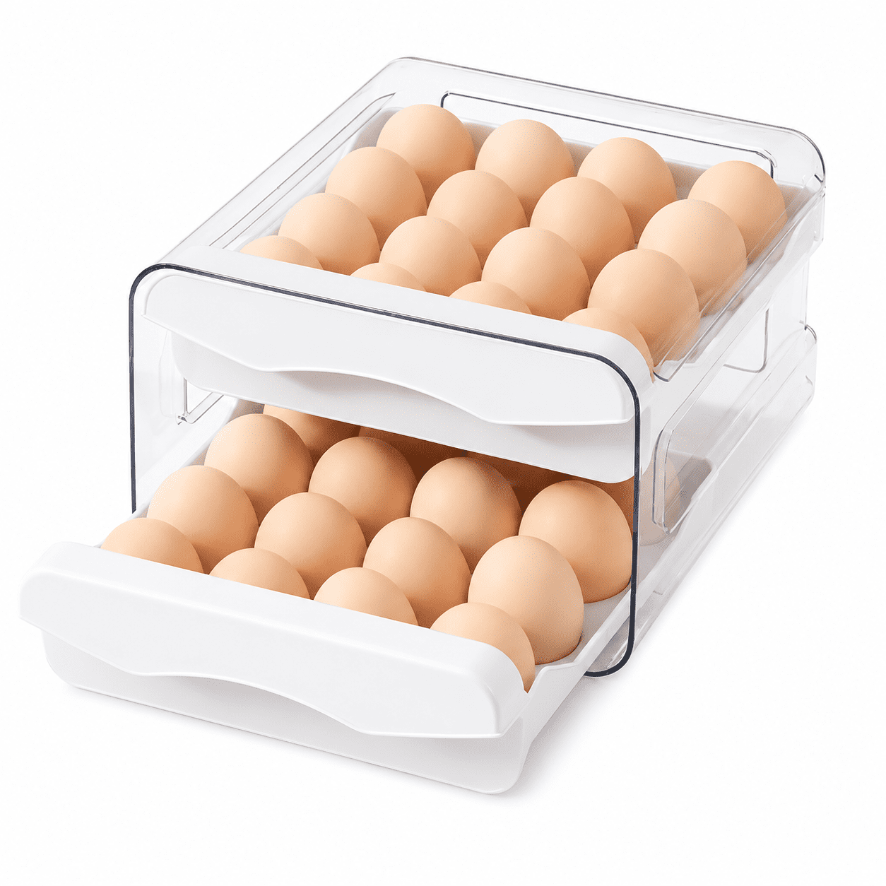 2-Tier Egg Storage Container for Refrigerator, Stackable Clear Plastic Egg Holder with Drawer, Holds 32 Eggs, Space Saving Fridge Organizer with Lid