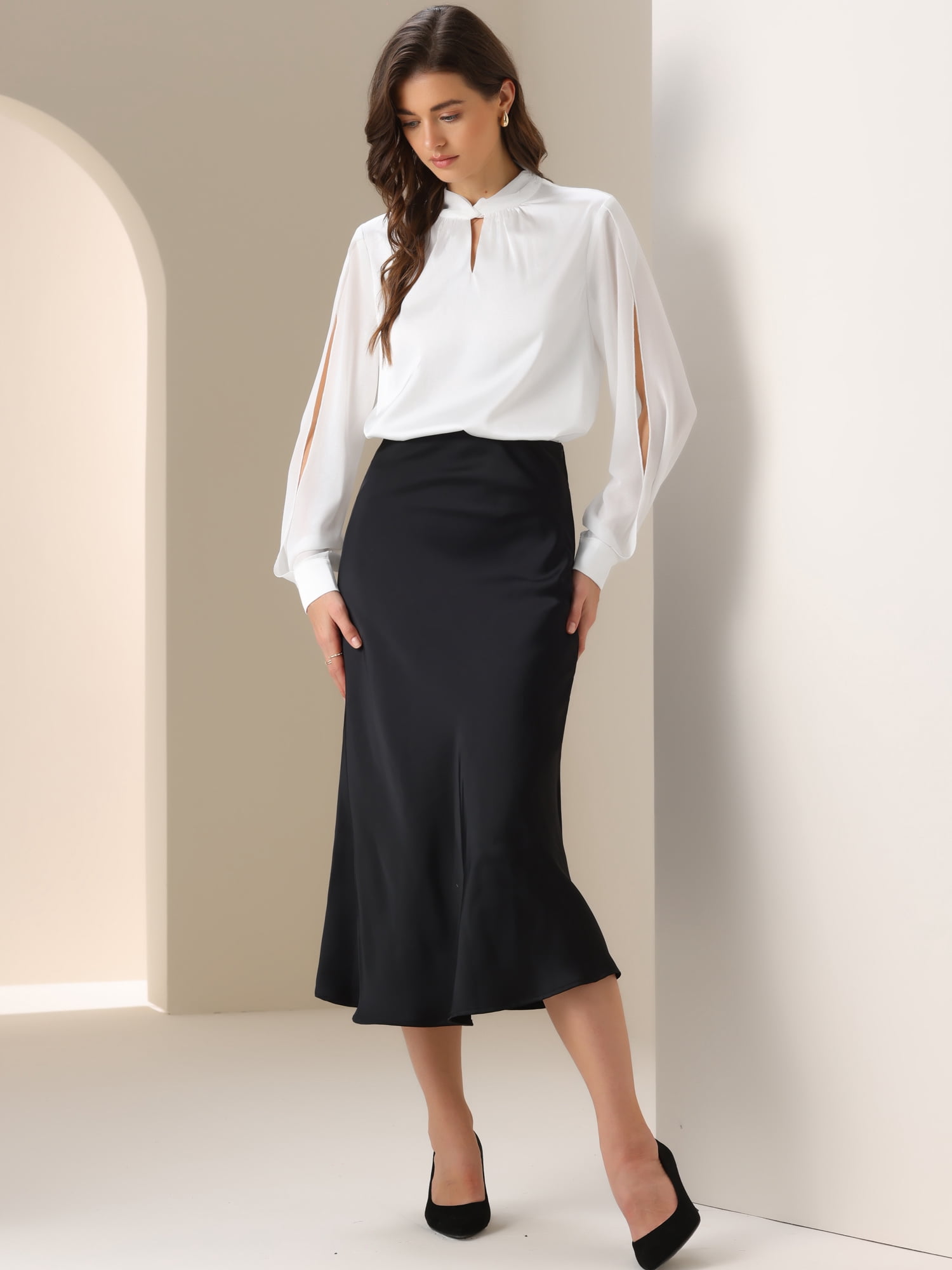 DARING DIVA Women's Slit Long Sleeve Twist Mock Neck Satin Blouse M White