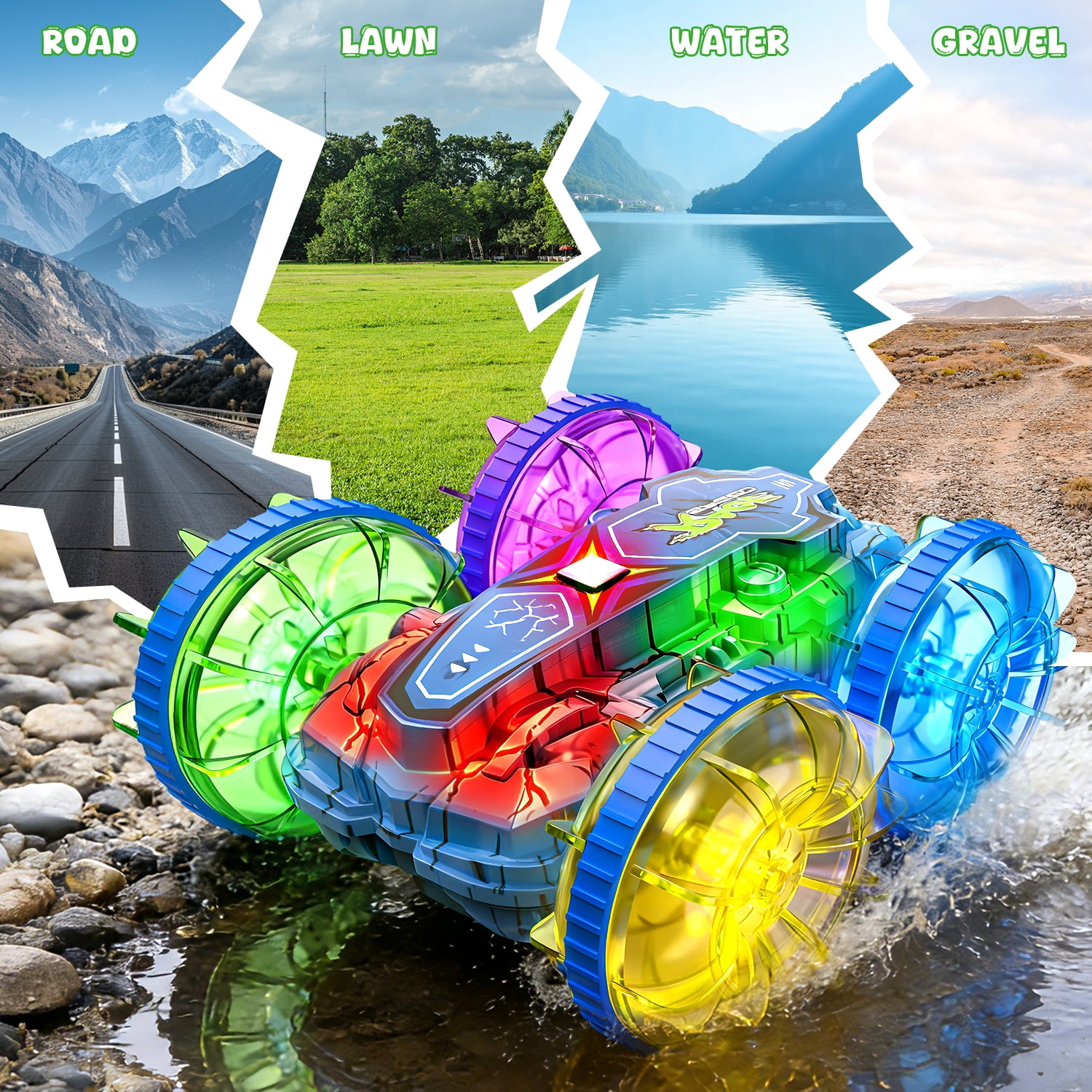 JoyStone Amphibious RC Car for Kids, 4WD Waterproof All Terrain Remote Control Stunt Truck with Double-Sided Driving, LED Light-Up Wheels, 2 Batteries, Blue