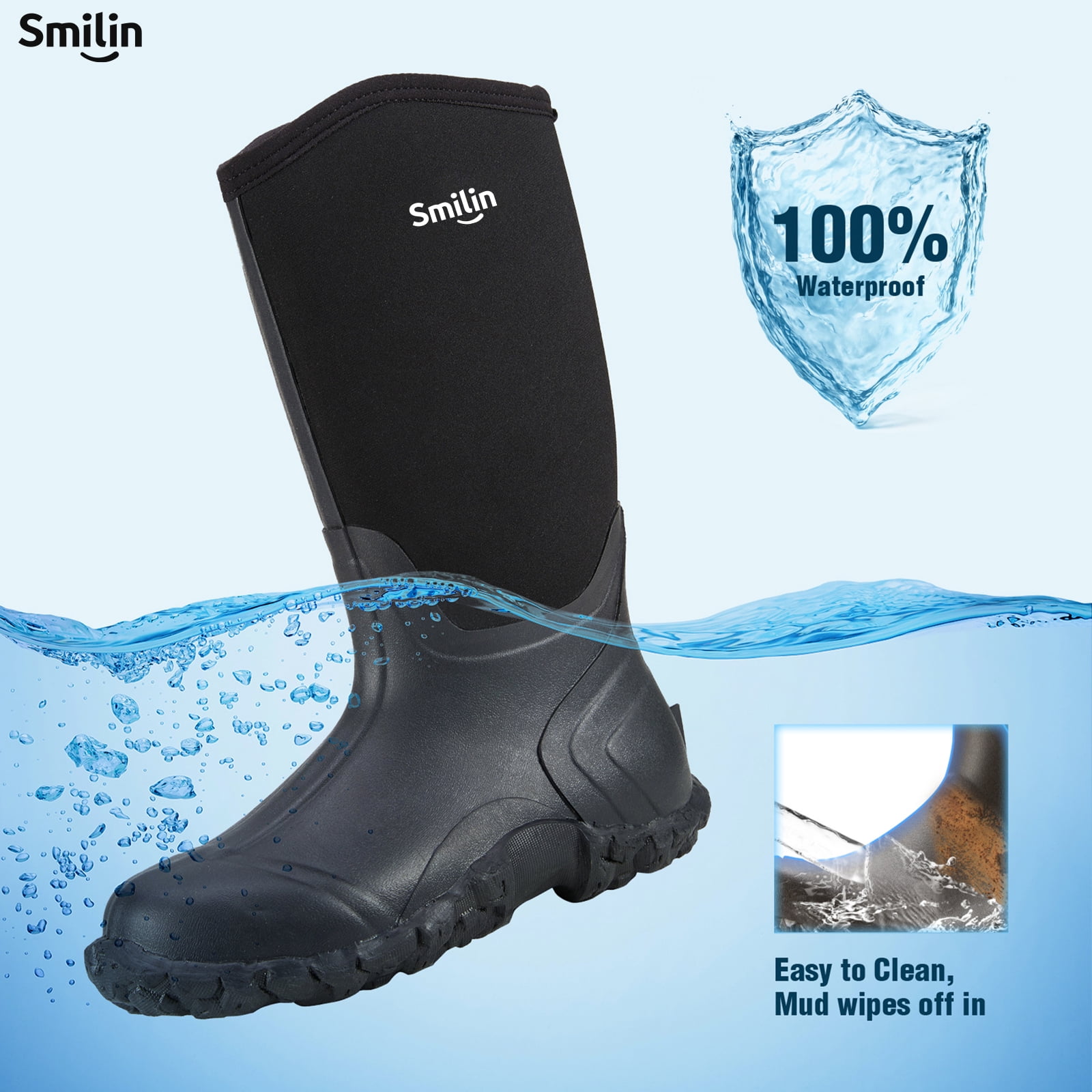 SMILIN Waterproof Rain Boots for Men, Mid Height Rubber Mud Boots for Outdoor Garden, Black, Size 9