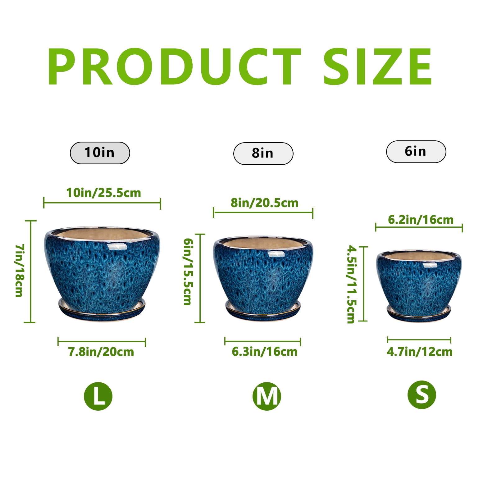 Ceramic Plant Pots ,10+8+6 inch Modern Large Flower Planters for Plants with Drainage & Saucer for Orchids & Succulents Housewarming Gift for Women, Set of 3 Blue-Glaze