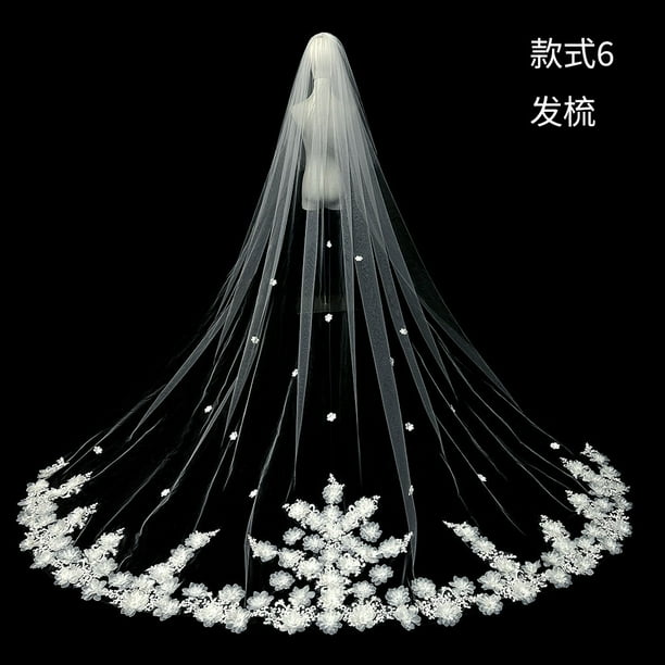 Zhuge Velos de novia de color blanco marfil con borde de encaje, largo tipo catedral, velo de novia con peine para mujer, 137,8 x 118 pulgadas, E