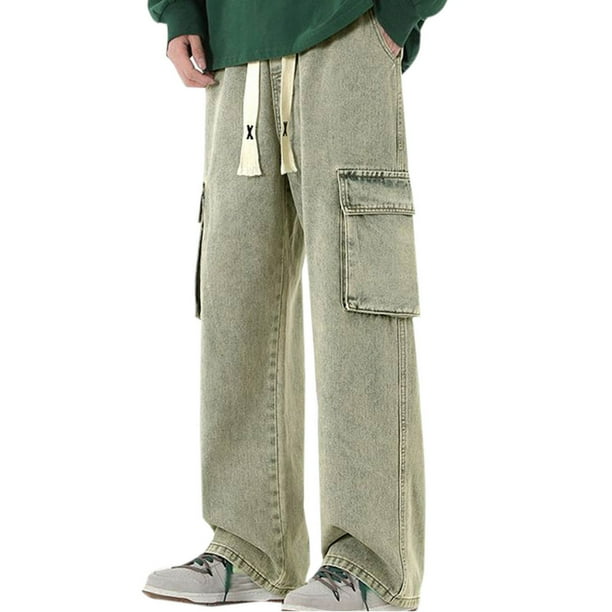 Pantalones largos de moda para hombre, casuales, de color sólido, con cremallera, bolsillos, cuerda elástica, pantalones vaqueros casuales para hombre.