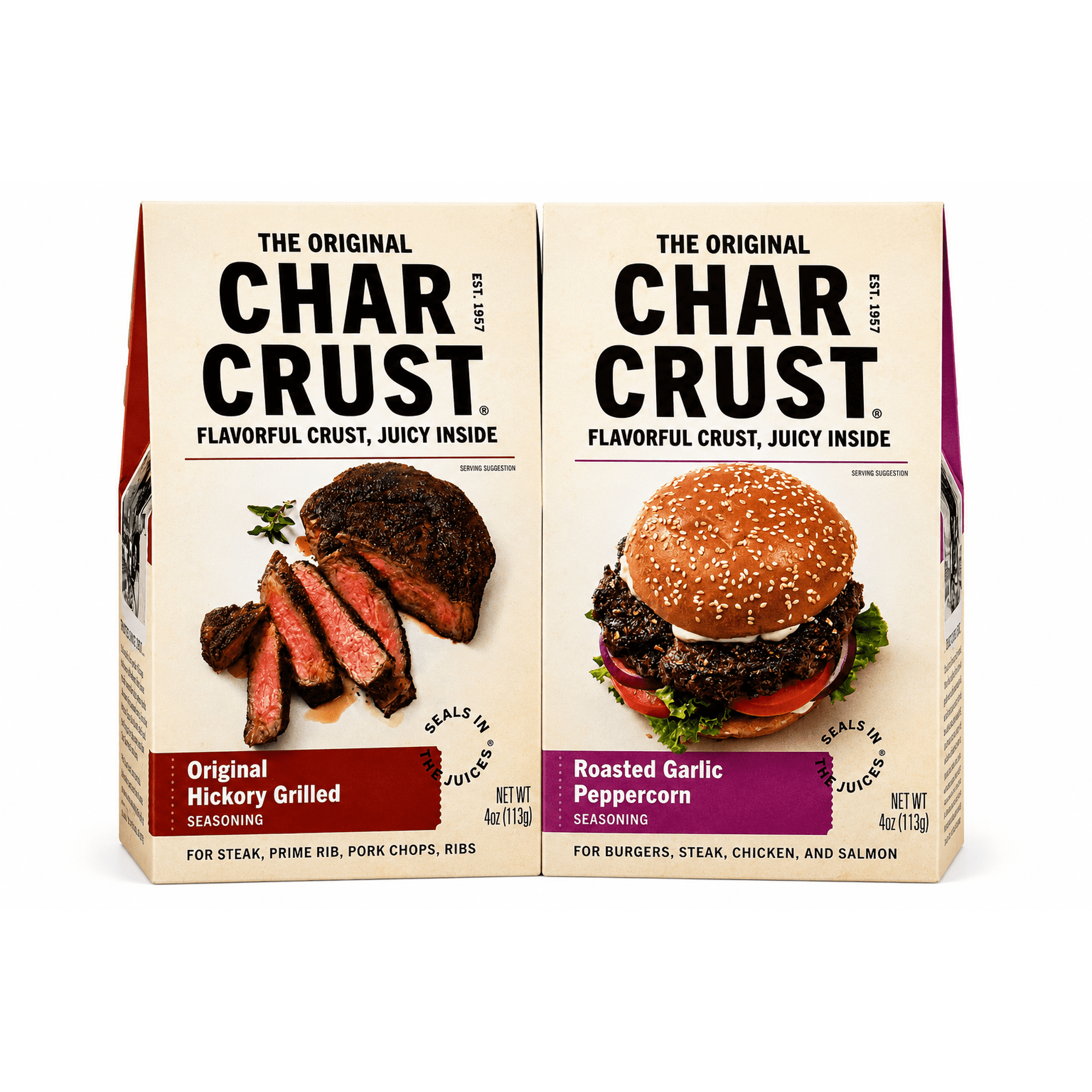 Char Crust Dry-Rubs Seasonings, Best Sellers Set, Original Hickory Grilled and Roasted Garlic Peppercorn, Bestsellers Cooking Pack, 4 Ounce (Pack of 2)