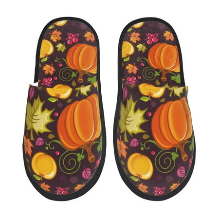 Balery Autumn Harvest Pumpkin Joy Slient Indoor Furry Fleece Comfort House Shoes Soft Non-Slip Home Shoes Cotton slippers House Slippers-- Medium