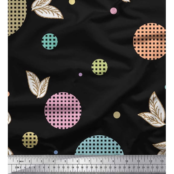 Soimoi Black Poly Georgette Fabric Check,Leaves & Dots Print Sewing Fabric Yard 42 Inch Wide