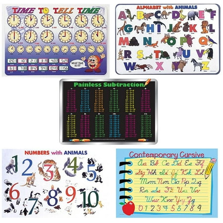 Painless Learning Bundle of 5 Laminated Plastic Placemats for Kids - Time to Tell Time, Alphabet with Animals, Subtraction Tables, Numbers with Animals, Contemporary (Best Way To Learn Times Tables For Kids)