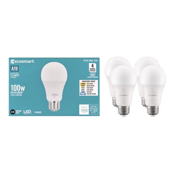 EcoSmart 100-Watt Equivalent A19 Dimmable LED Light Bulb with Selectable Color Temperature (4-Pack)