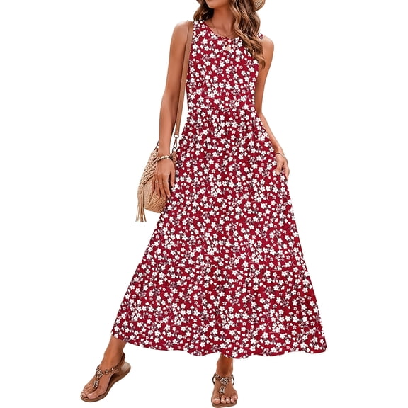 OutfitShow Summer Maxi Dresses for Women Sleeveless Casual Flowy Tiered Dress Vacation Beach Sundresses with Pockets