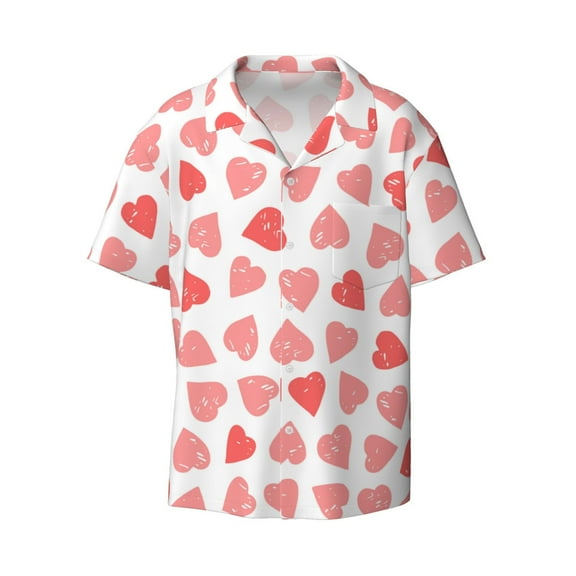 Naloa Pink Hearts1 Men's Loose Fit Cuban Collar Short-Sleeve Shirt with Button-down and Chest Pocket for Everyday Wear Outings - Small