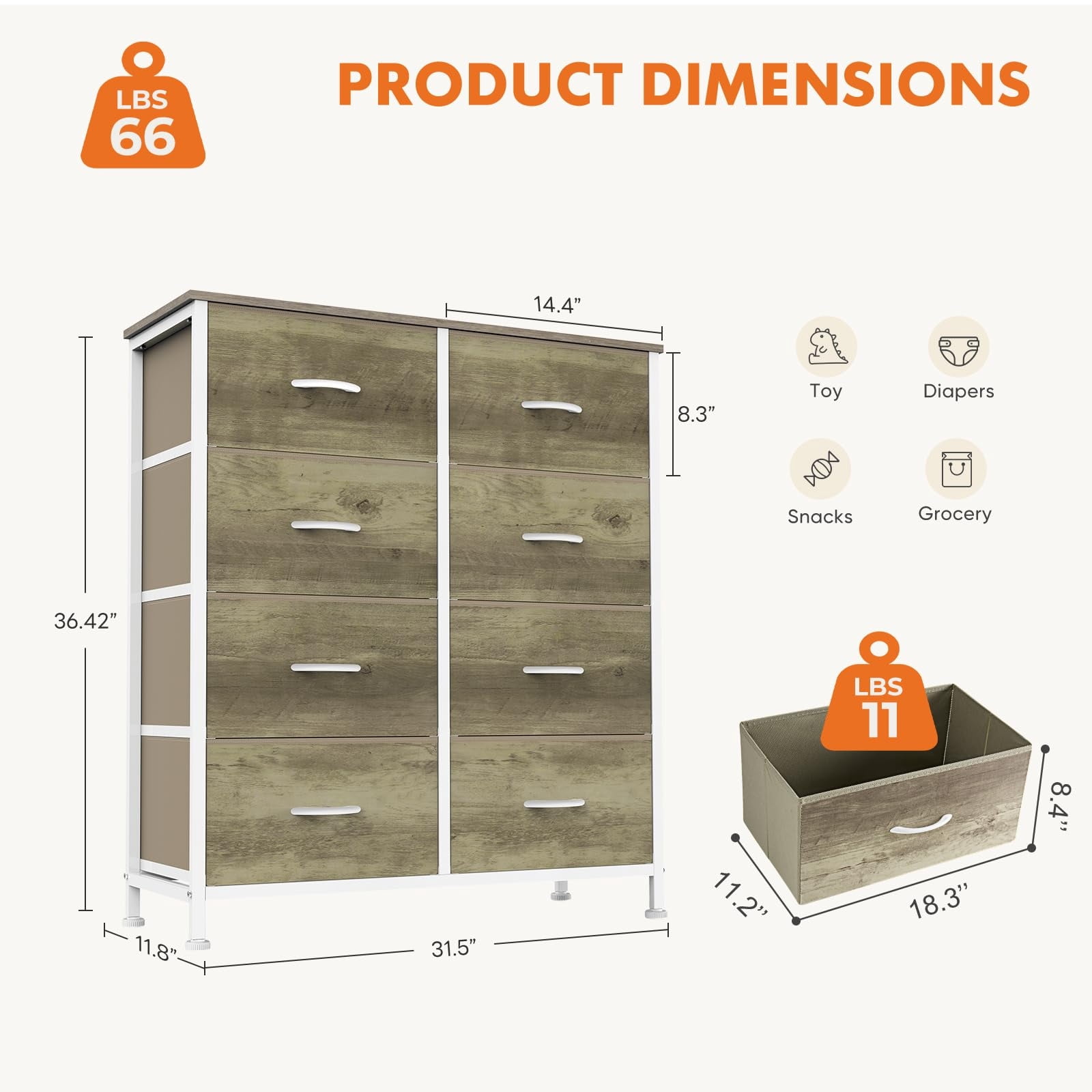 Telyra 8-Drawer Fabric Dresser Tall Storage Tower with Wood Top and Steel Frame Bedroom Closet Organizer, Oak Greige