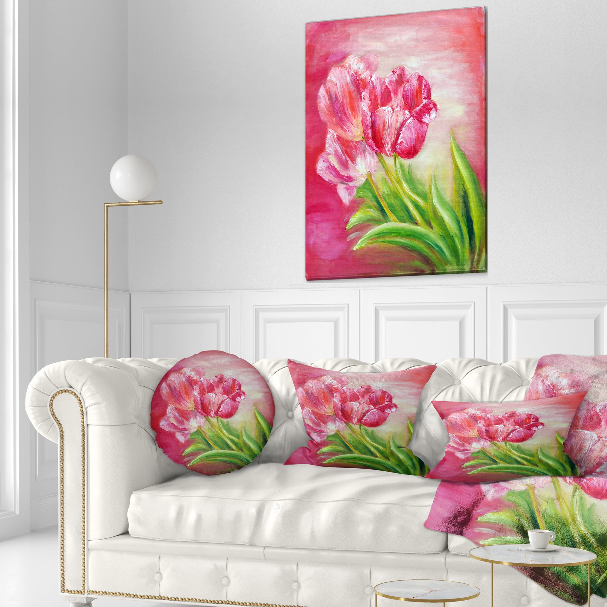 Designart Red Tulips in Red Background - Floral Throw Pillow - 12x20